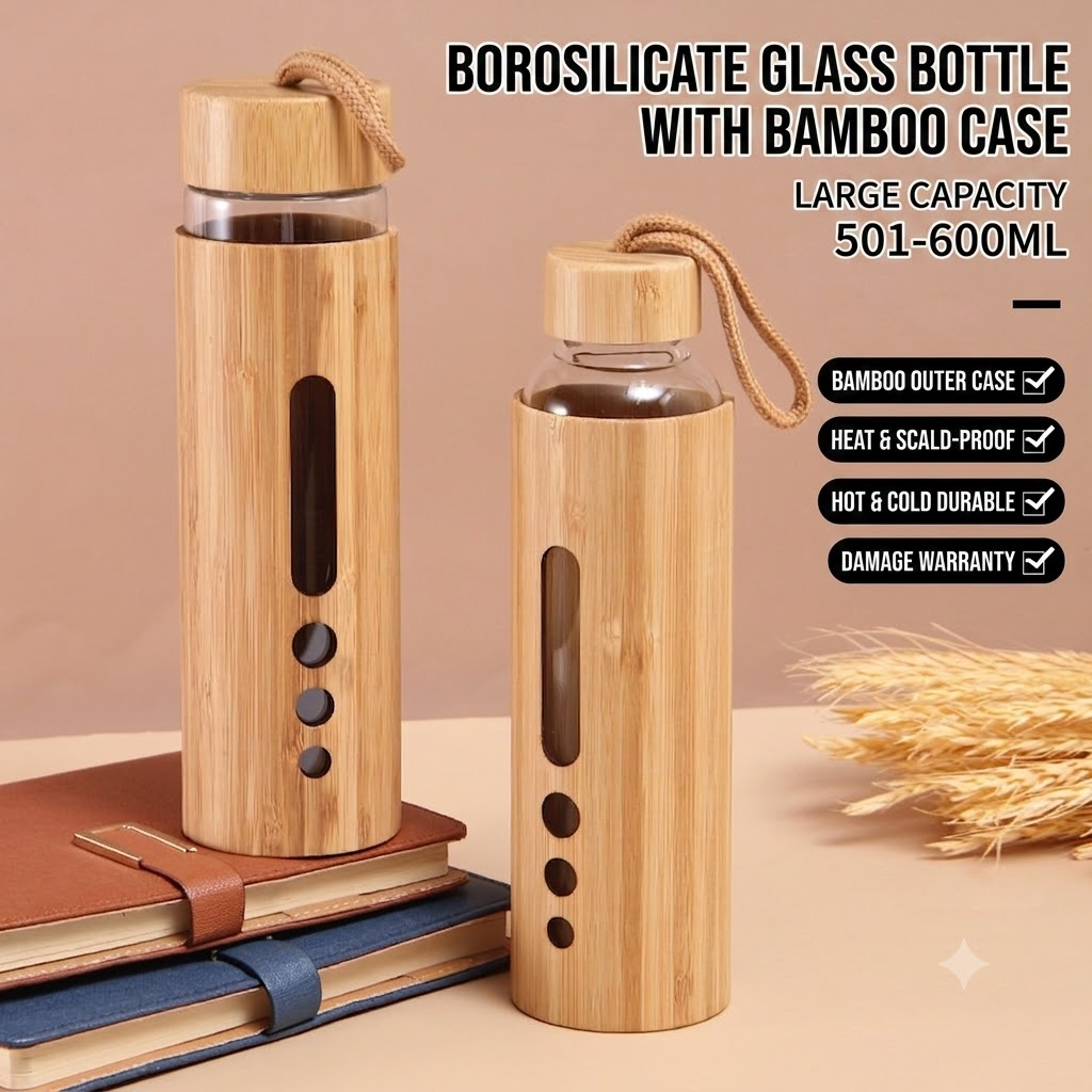 Bamboo Cutlery Travel - 550ML Borosilicate Glass Water Bottle Bamboo