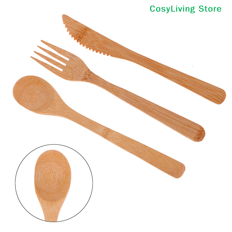 1Set Fork Cutter Spoon Reusabl - Bamboo Cutlery Travel ulasan dan harga