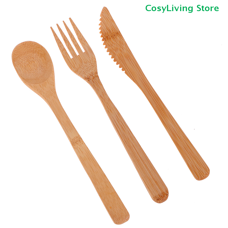 1Set Fork Cutter Spoon Reusabl - Bamboo Cutlery Travel ulasan dan harga