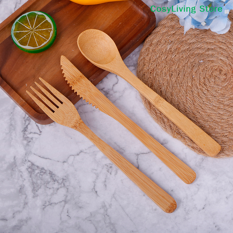 1Set Fork Cutter Spoon Reusabl - Bamboo Cutlery Travel ulasan dan harga