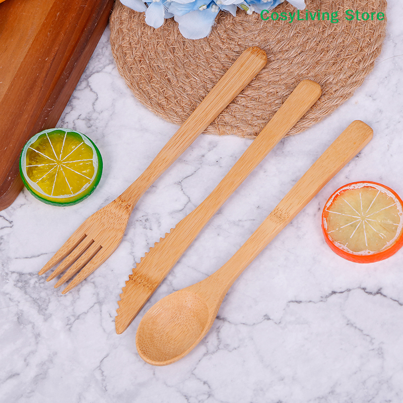 1Set Fork Cutter Spoon Reusabl - Bamboo Cutlery Travel ulasan dan harga